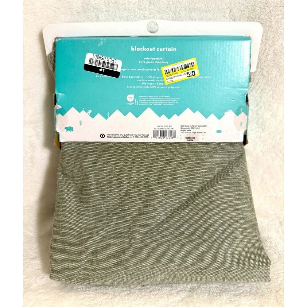 Pillowfort 84in Blackout Curtain Panel Green Chambray Cotton Kids New